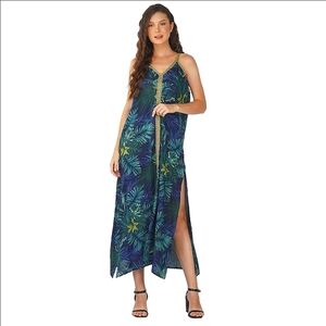 America &‎ Beyond Dark Blue Tropical Print 100% Viscose Flowy Maxi Dress w/ Slit